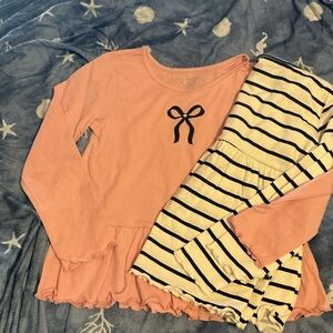 Pink Long Sleeve Top with Bow and Stripe Top Set